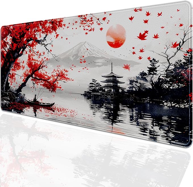 Mount Fuji Mouse Pad Desk Pad, 27.5x11.8 in Japanese Style Mouse Pad Extended Keyboard Mousepad with Stitched Edges, Waterproof Non-Slip Rubber Base for Office Computer Laptop Home