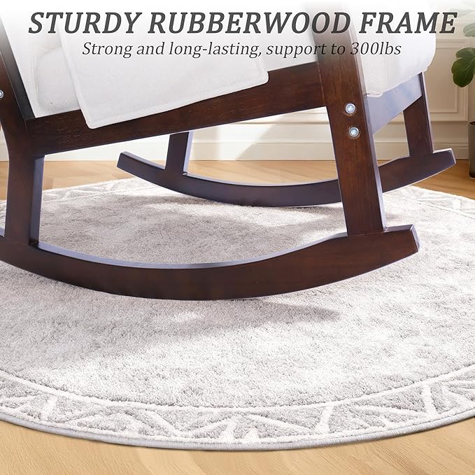 NOBLEMOOD Rocking Chair Indoor with Ottoman, Upholstered Rocking Chair with Lumbar Pillow, Side Pocket, High Back Solid Wood Frame Rocker with Footrest for Living Room
