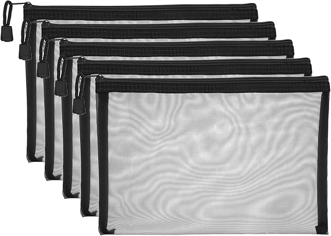 PATIKIL A5 Mesh Zipper Pouch Bags, 5 PCS Mesh Bags with Zipper Plastic Storage Pocket for Organizing File Beads Office Home Supplies, 18x25cm, Black