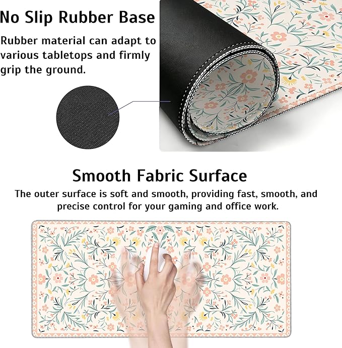 Pink Floral Mouse Pad,35.4 x 15.7 Inch Large Mouse Mat Non-Slip Rubber Stitched Edges for Writing Desk,Office,Home,Laptop