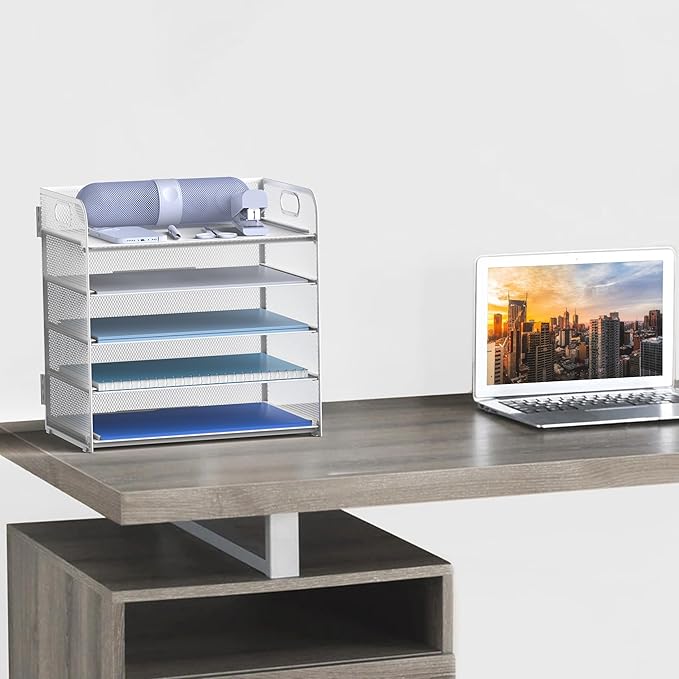 Letter Tray Paper Organizer 5-Tier Desk Organizer File Organizer Paper Holder with Handle, Metal Desktop Document Shelf Tray Office Classroom Organization - White
