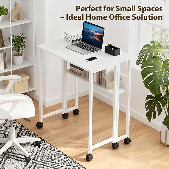 Folding Desk Small Rolling Desk with Storage Shelf,24.8 Inch Foldable Computer Table with Wheels,Portable Office Desk for Small Space Sofa Table,Easy to Fold,Writing Work Office Computer Desk,White