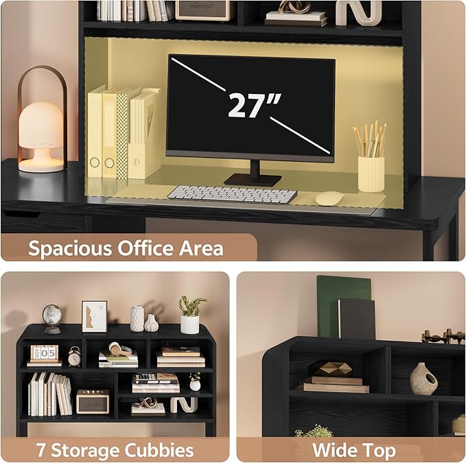 5-Tier Desk Shelf, 37.4''W Desktop Bookshelf for Computer Monitor, Desktop Organizer Shelf Storage Rack with 6 Cubbies, 5-Level Desk Hutch Display Rack for Home, Office, Dorm, Vanity, Black