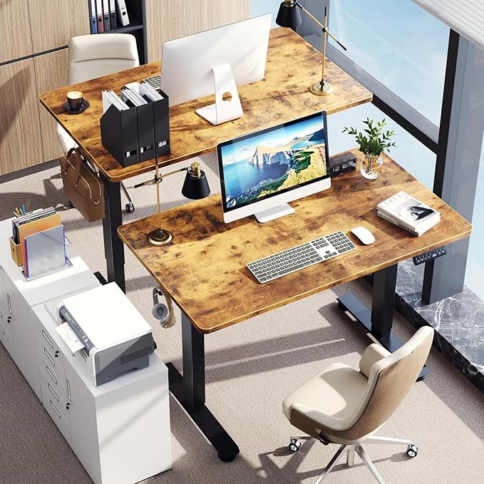 Veken 47.2" Standing Desk, Adjustable Height Office Desk with Wood Desktop, Computer Table for Home Work, Study and Gaming, Small Spaces, Modern Furniture，Brown