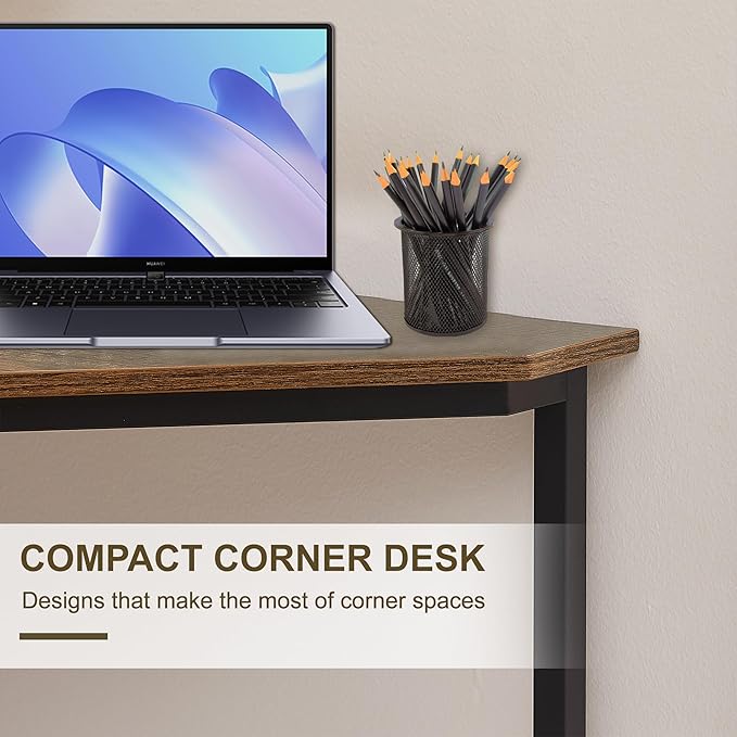VECELO Ϲоrnеr Desk, Corner Tables for Living Room for Small Space Triangle Computer Desk with Steel Frame Ϲоrnеr Shelves with Metal Frame Ϲоrnеr Writing Desk for Workstation Brown 33.1"