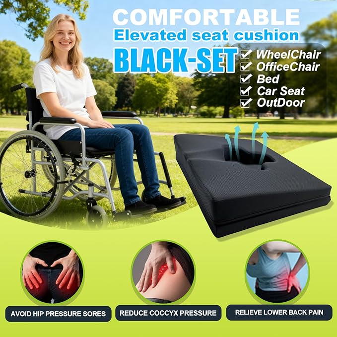 Gel Wheelchair Seat Cushion,Bed Sore Cushions for Butt,hemorrhoid Pillow,Sciatica,Coccyx,Pressure Sore&Ulcer Pain Relief Butt Pillow for Office Chair(Set Black)