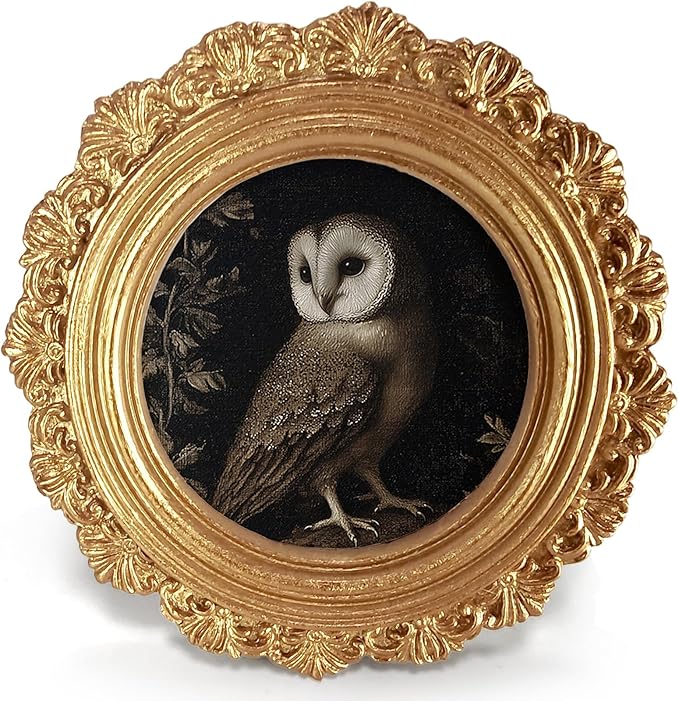 Vintage Midnight Owl Round Picture Frame Wall Decor, Black Goth Dark Gold Mini Ornate Photo Frame for TableTop Desk 2.7in Photo,Rustic Gothic Fall Framed Artwork for Walls Office Bedroom