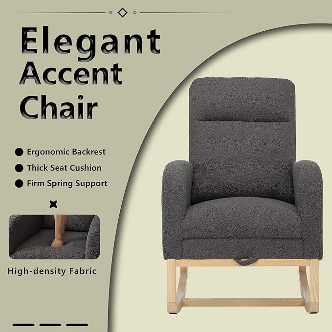 Nursery Rocking Chair with Foot Rest, Teddy Upholstered Nursery Glider Rocker Chair with Solid Wood Legs & 2 Side Pockets Comfy Armchair for Living Room Lounge Bedroom (A-Grey)