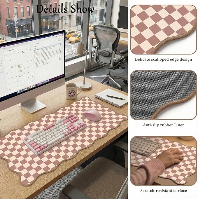 Scalloped Desk Mat Extended Large Cute Mouse Pad Big Desk Pad XXL Aesthetic Kawaii Plaid Mousepad Checkered Mouse Pad for Keyboard Computer Laptop Home Office Accessories Girl 31.5X15.7Inch Brown