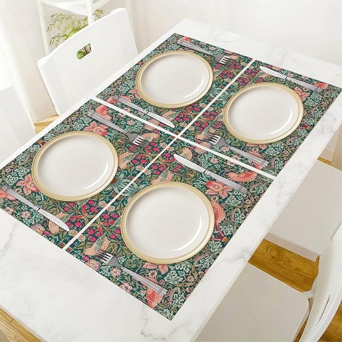 Vintage William Morris Placemats Strawberry Thief Botanical Art Vintage Floral Linen Washable Table Mats Stain Heat-Resistant Desktop Decor Place Mats for Home Kitchen Dining Party 12x18 in 6 Pcs