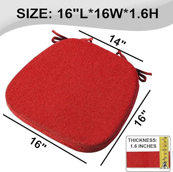 SINOSSO 4 Pack Memory Foam Chair Cushions for Dining Chairs, Friendly Woven Fabric 16" U-Shape Comfortable Kitchen Chair Pads, Removable Slip Resistant Seat Cushions (Set of 4, Red)