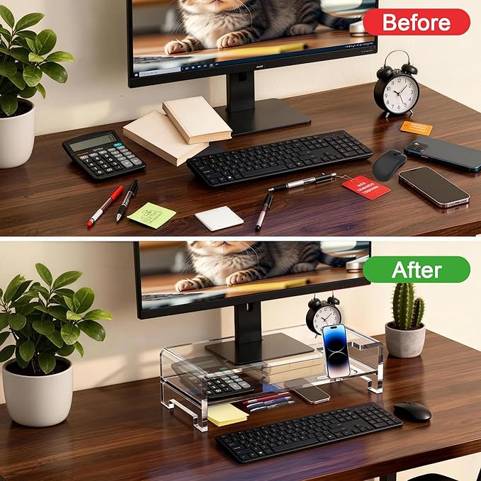 Acrylic Monitor Stand Riser 16'' 2-Tier Acrylic Laptop Stand Clear Computer Stand Laptop Riser with Storage Desk Organizer Accessories for Home and Office