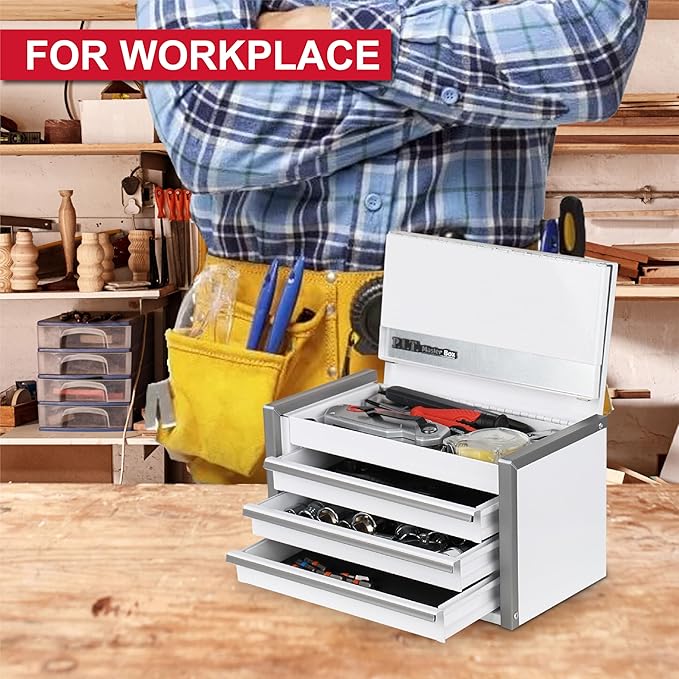 P.I.T. Mini Tool Box 8.6"W X 4.6"D, Portable 3 Drawer Steel Stackable White Tool Box with Magnetic Tab Locking, White Micro Top Chest with Liner for Tools Storage and Organizers, Home DIY