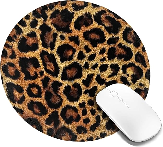 Brown Leopard Round Mouse Pad Premium Textured Mouse Mat Washable Mousepads with Extended Stitched Edges Non Slip Rubber Base Small Mousepad 7.9 X 7.9 X 0.12 Inches