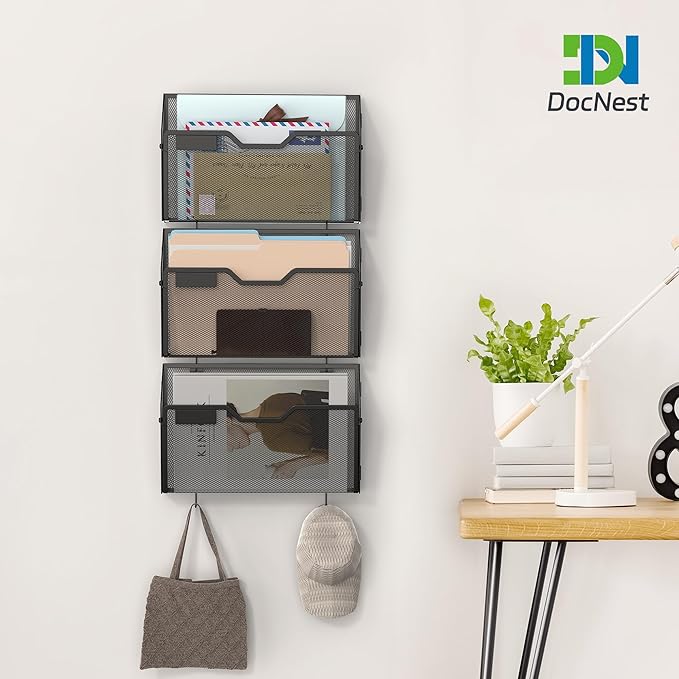 Docnest 3 Pack Metal Mesh Wall File Holder, Hanging Document Organizer with Hooks, Wall Mounted Mail Sorter for Office Home School, Black