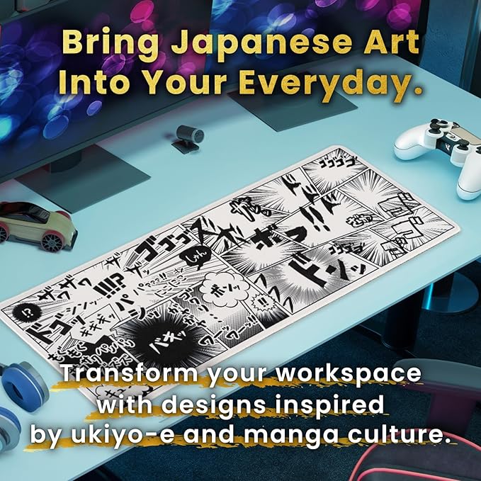 BELLEMOND Japanese Art Desk Mat | Large 31.5x11.8in Anime Mouse Pad for Keyboard & Mouse | Non-Slip Base, Water-Repellent | Original Japanese Design | Manga Burst