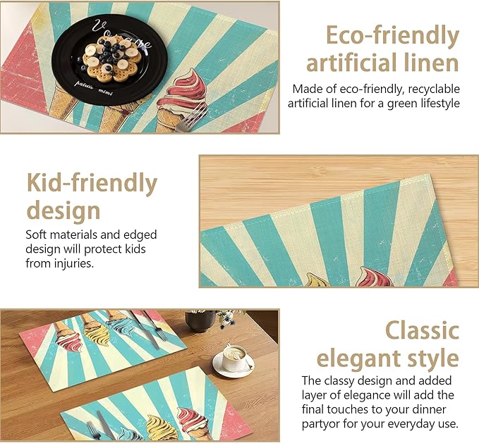 Vintage Ice Cream Table Placemats Set of 6, Linen Placemats 12x18 Inch, Washable Non Slip Heat Resistant Mats for Dining Table Kitchen Indoor Use