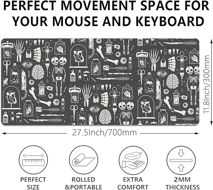 Human Skeleton Medical Mouse Pad,Large X Ray Mousepad Desk Pad with Stitched Edges,Non-Slip Waterproof Rubber Base Mouse Mat for Office Computer Keyboard Laptop Home 27.5x11.8 in