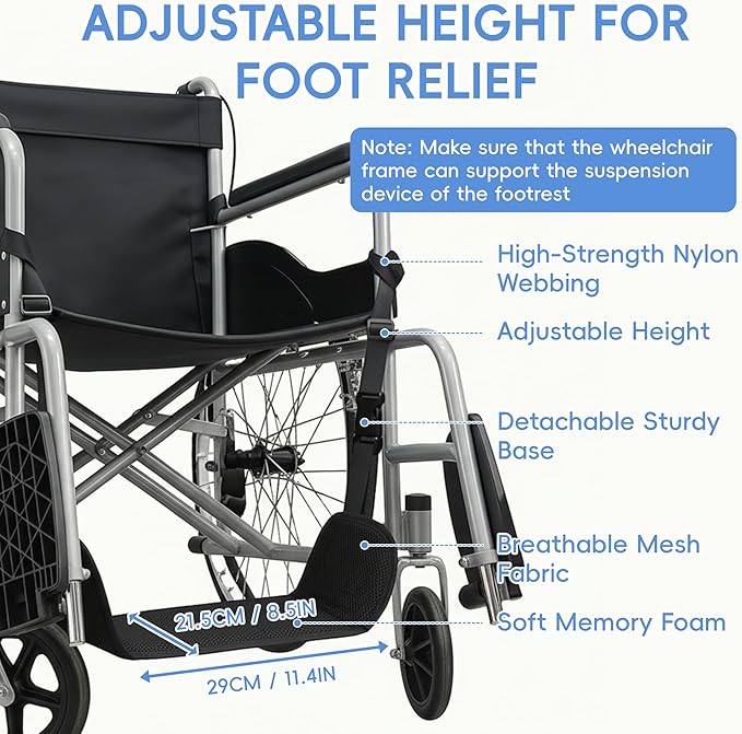 SPRING SEAON Wheelchair Foot Rest Hammock, Adjustable Leg Support Foot Sling with Soft Padded Base, Anti-Squeeze Footrest Replacement for Wheelchairs, Essential Wheelchair Accessories (Black)