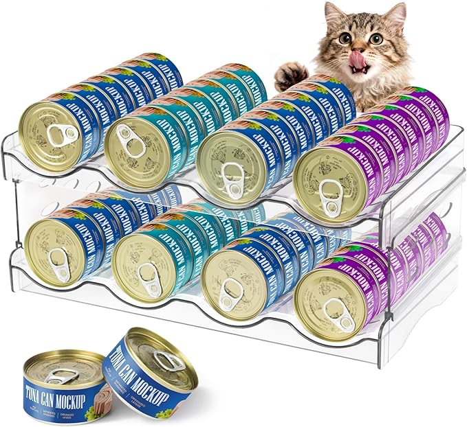 Cat Food Can Organizer, Can Organizer for Pantry, Transparent Cat Food Storage Container Holds 48 (3.5oz) Cans, Canned Food Organizer and Storage for Countertop Kitchen Cabinet (4 Tier-2 Layer)