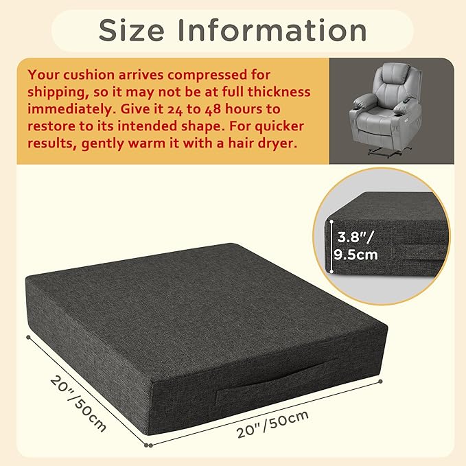Recliner Cushions for Elderly Square Chair Pads with Non-Slip Bottom for Couch Armchairs Booster Comfy 20"x20"x3.8" Recliner Cushion for Long Sitting with Washable Cover 1 Pack Dark Grey