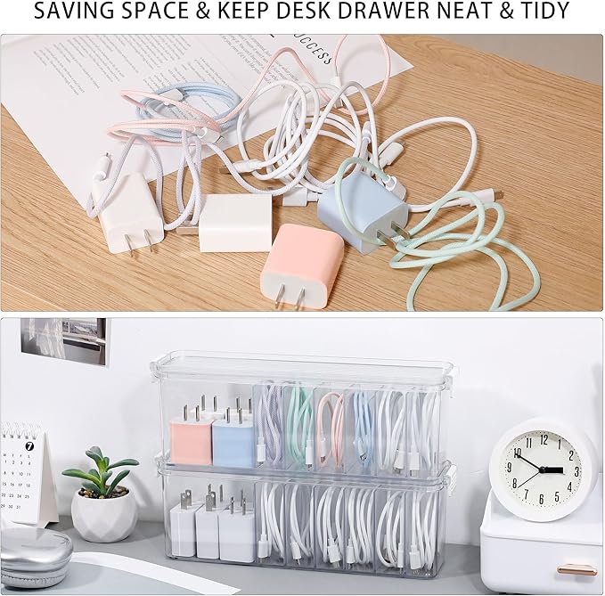 2 Pack Cord Organizer Box for Desk Drawer, Clear Phone Charger Cable Storage Container with Lid