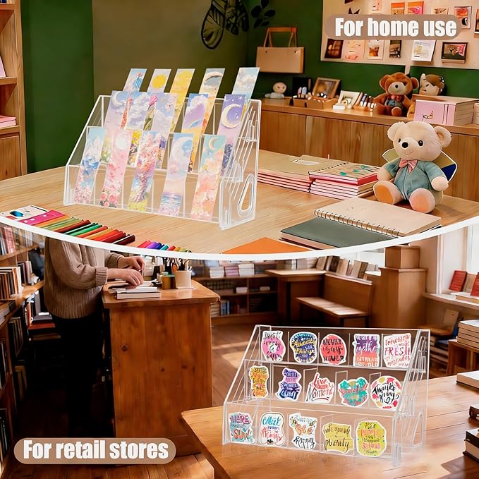 Acrylic Sticker Display Stand with Divided Pockets, Portable Bookmark Holder Tiered Display Stand, Clear Desk Organizer for Home, Retail or Craft Fair Use(15 Pockets, 3 Tier)