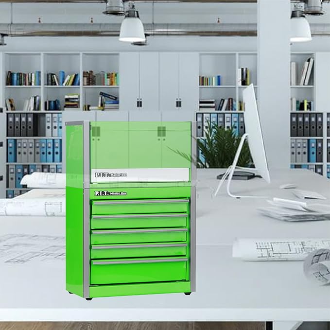 P.I.T. Mini Tool Box 8.6"W X 4.6"D, Portable 5-Drawer Micro Steel Stackable Toolbox with Liner, Green Cute Tool Case for Small Tools Parts Storage, Home DIY