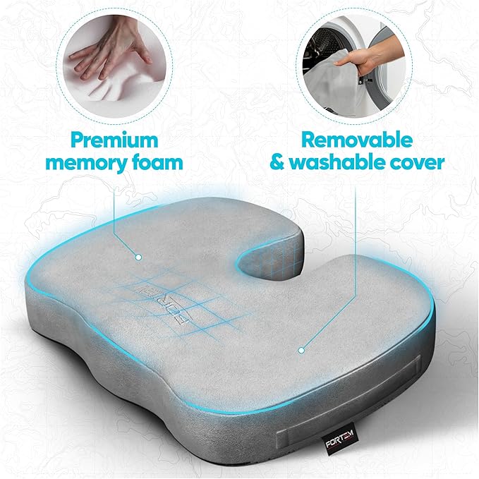 FORTEM Seat Cushion, Office Chair Cushion, Memory Foam Car Seat Cushions, Sciatica Coccyx Tailbone Pain Relief, Chair Cushions for Back Support, Sitting Pad for Gaming, Washable Cover, Non Slip, XL
