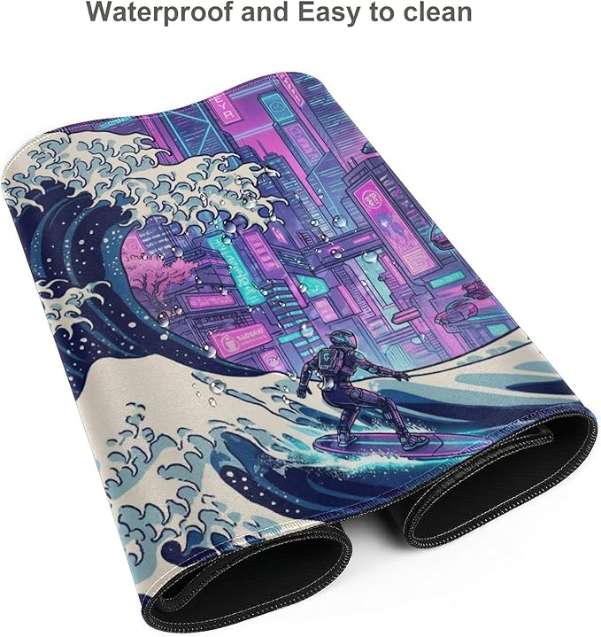 Cyberpunk Extended Mouse Pad 48x24in, Neon City Wave Gaming Desk Mat, Anti-Slip Rubber Base Mousepad for PC Gamers & Streamers