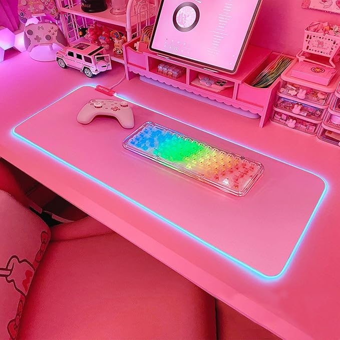 JMIYAV Pink RGB Gaming Mouse Pad 31.5x12 Inch PC XL Large Extended Glowing Led Light Up Desk Pad Non-Slip Rubber Base Computer Cute Mousepad Mat Desk Accessories Gaming Setup 31.5x12 Inch