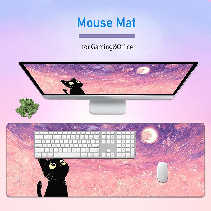 Starry Night Cat Cute Mouse Pad,Large Pink Gaming Mousepad,Extende Dreamy Anime Washable Keyboard Desk Mat,Kawaii Stitch Mousemat for Women Girls,31.5 x 12in