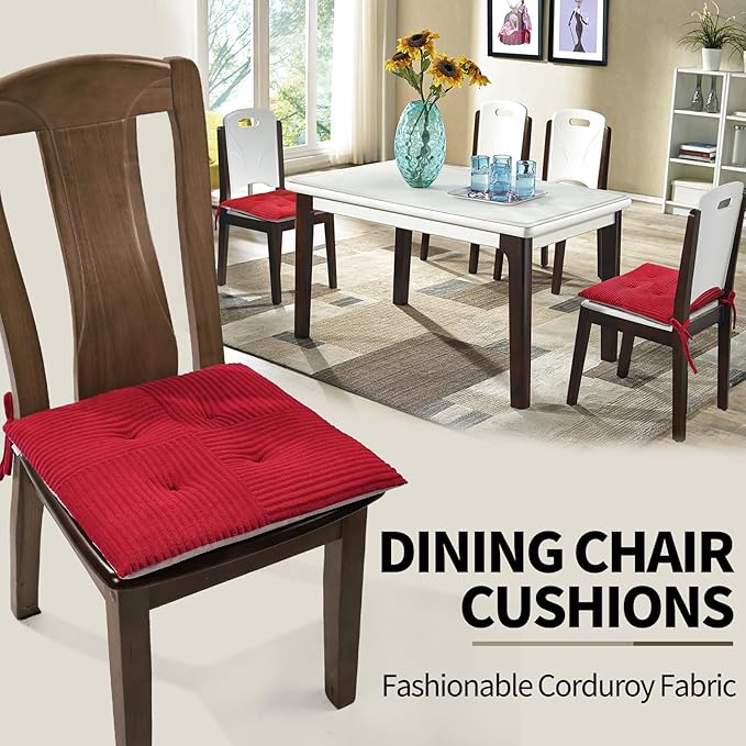 Office Stacking Chair Cushion with Ties, Corduroy High Density Foam Non-Slip Kitchen Seat Cushion, Square 17" x 17" Indoor Dining Chair Pads, Red, 1 PCS