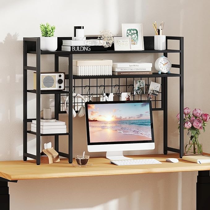 COSTWAY Desktop Bookshelf for Monitors up to 32", 37" x 10" Countertop Organizer with 4 Open Shelves, Grid Panel with 6 Hooks, Anti-Tip Safety Kit, and Adjustable Feet for Home Office (Black)