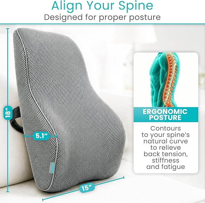 Vive Full Lumbar Cushion - Memory Foam Contour Support for Lower Back Pain - Ergonomic Pressure Relief for Office Chair, Car - Large Mesh Orthopedic Seat Backrest Roll for Improving Posture (Gray)