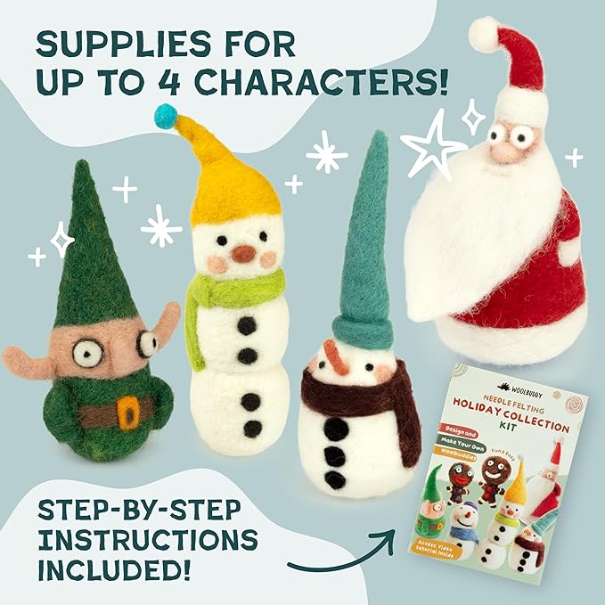 Woolbuddy Needle Felting Kit for Beginners & Adults – Christmas Holiday DIY Felting Kit with Wool Roving, Felting Needles, Pad & Instructions – Felting Kits for Adults Christmas Crafts & Gifts