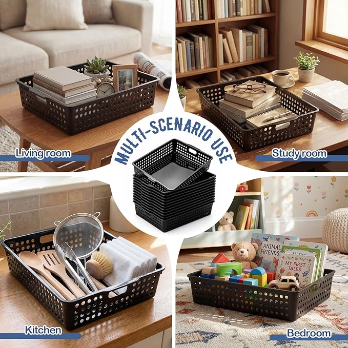 Geetery 12 Pack Classroom Storage Baskets with Handle 14''x10'' Paper Tray Holds A4 Turn in Trays Plastic Paper Baskets Desk Organizer Bin for Classroom, Library, Office, Home (Black)