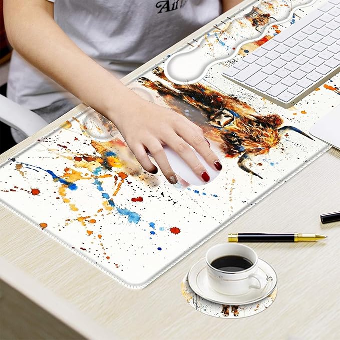 Ergonomic Mouse Pad Set with Wrist Support for Keyboard and Wrist Rest for Mouse, Memory Foam Comfort, Non-Slip Large Desk Mat for Home Office Pain Relief,Watercolor Highland Cow