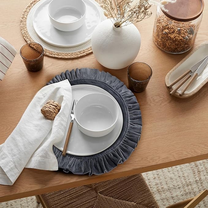 18 Inch Velvet Round Placemat with Ruffle for Dining Table Outdoor Placemats Non-Slip Washable for Gathering, Occasional Decoration and Family Parties Celebrations Set of 4, Gray