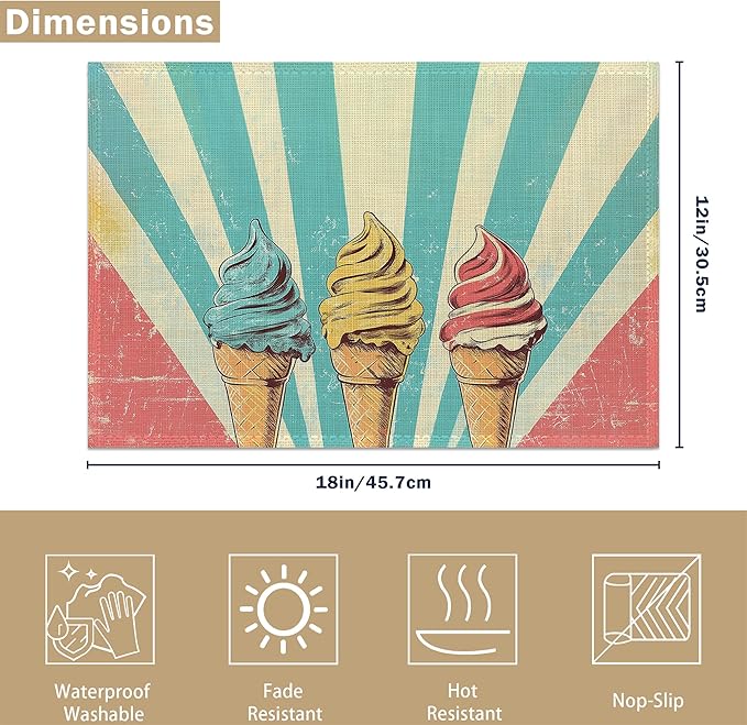 Vintage Ice Cream Table Placemats Set of 6, Linen Placemats 12x18 Inch, Washable Non Slip Heat Resistant Mats for Dining Table Kitchen Indoor Use