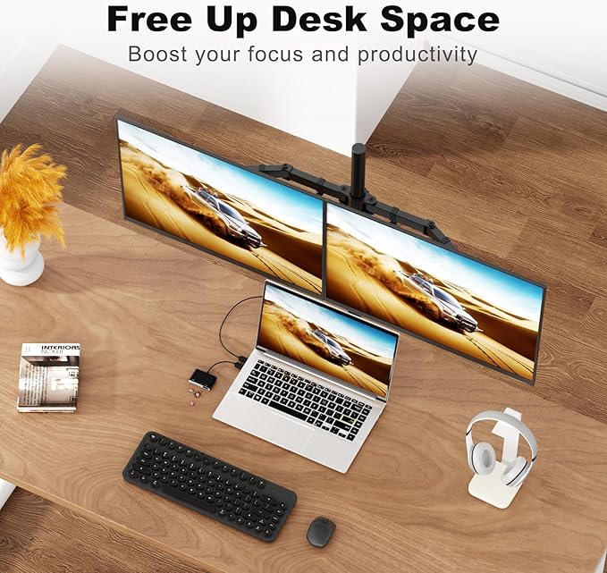 Suptek Dual Monitor Desk Mount, Adjustable Dual Monitor Arm for 2 Computer Screens up to 27 inch, Extra Tall 31.5" Pole Dual Monitor Stand for Desk, Holds up to 22 lbs(MD6842)