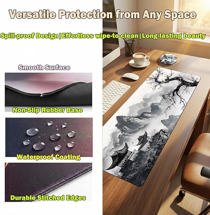 Extended Large Mouse Pad 31.5 x 11.8 Inches Premium Desk Mat Mousepad with Stitched Edges, Waterproof, Non-Slip Rubber Base for Office Home, Includes Coaster–Japanese Cherry Blossom