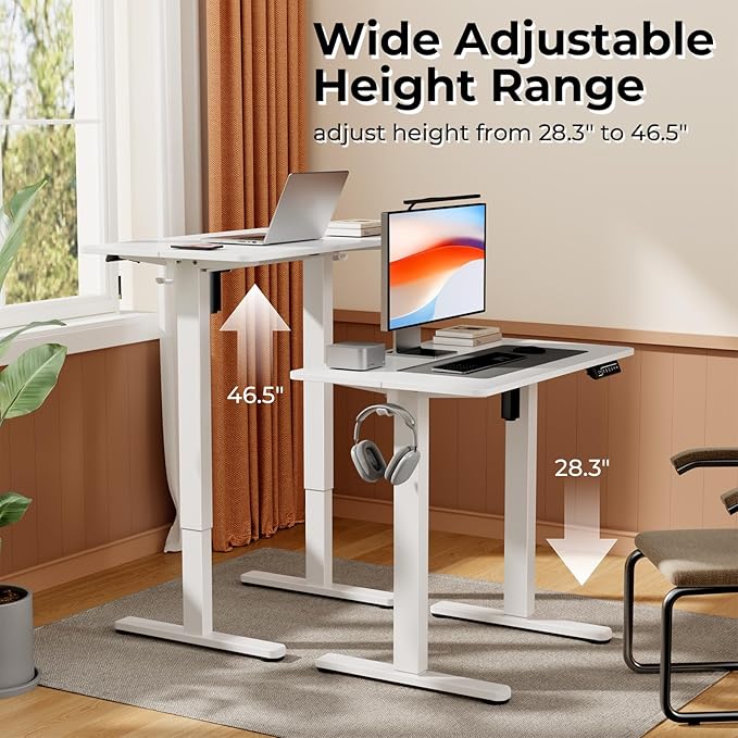 Small Electric Standing Desk, 32" ×20" White Standing Desk, Height Adjustable Compact Sit Stand Workstation with Splice Board, Home Office Desk with 2 Hooks