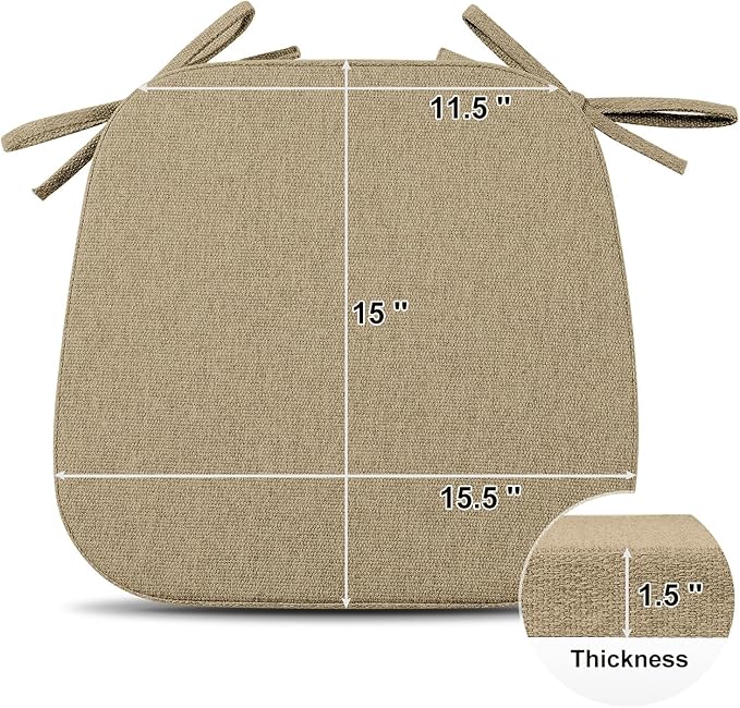 Shinnwa Dining Chair Cushions, Non Slip Seat Cushions for Kitchen Chairs with Ties, 15 x 15.5 inches, Natural Linen