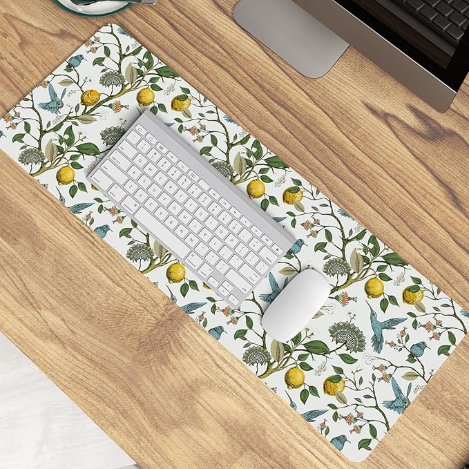Yellow Lemon Mouse Pad,Green and Yellow Italian Lemon Desk Mat,Vintage Cottagecore Floral Desk Mat,Girly Summer Mouse Pads for Dorm Home Office Desktop Decor,31.5x11.8 Inch