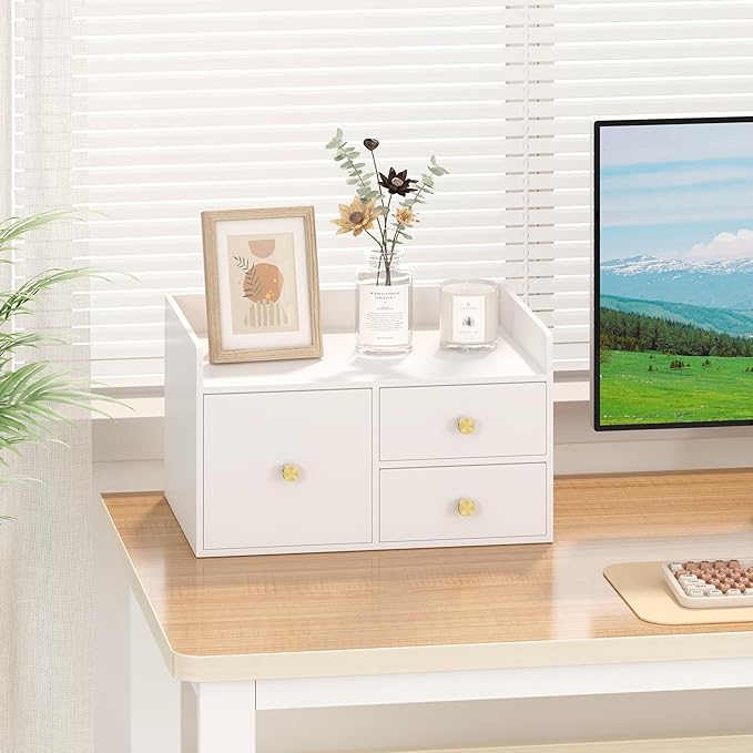 Bamboo Desk Organizer with Drawers Wooden Desktop Storage Drawers for Bills Office Supplies Kitchen Utensils Organizing Tool for Home Classroom Organization No Assembly (White, 3 Drawer)