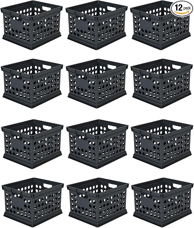 Sterilite Stackable Plastic Storage Crate Bin Organizer File Box with Handles for Home, Office, Dorm, Garage, or Utility Organization, Black, 12-Pack