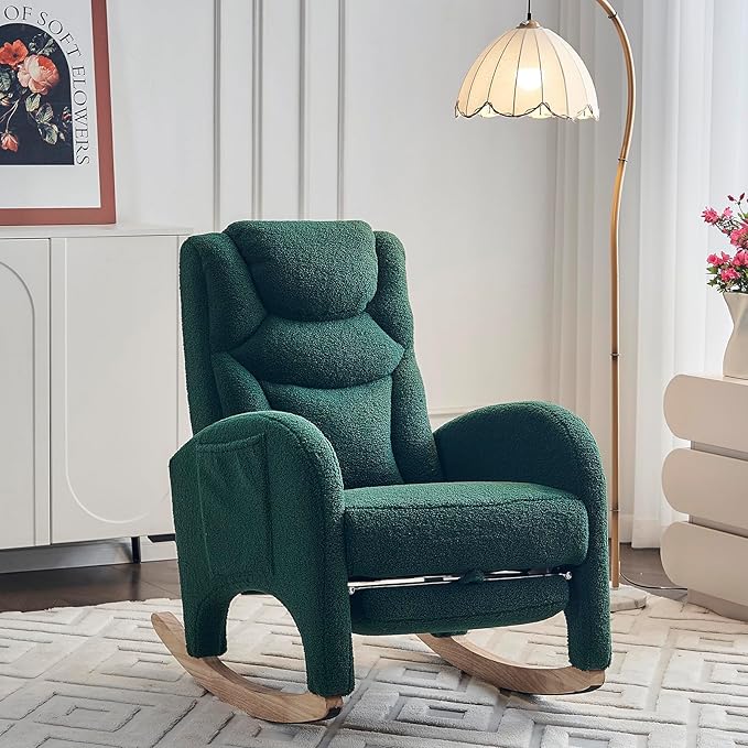 Comfy Rocking Chair Nursery Glider, Upholstered Nursery Chair with Foot Rest, Modern Rocker Chair with Pocket, Accent Armchair with Smooth Rocking Base for Nursing, Reading, Relaxing (Green Teddy)