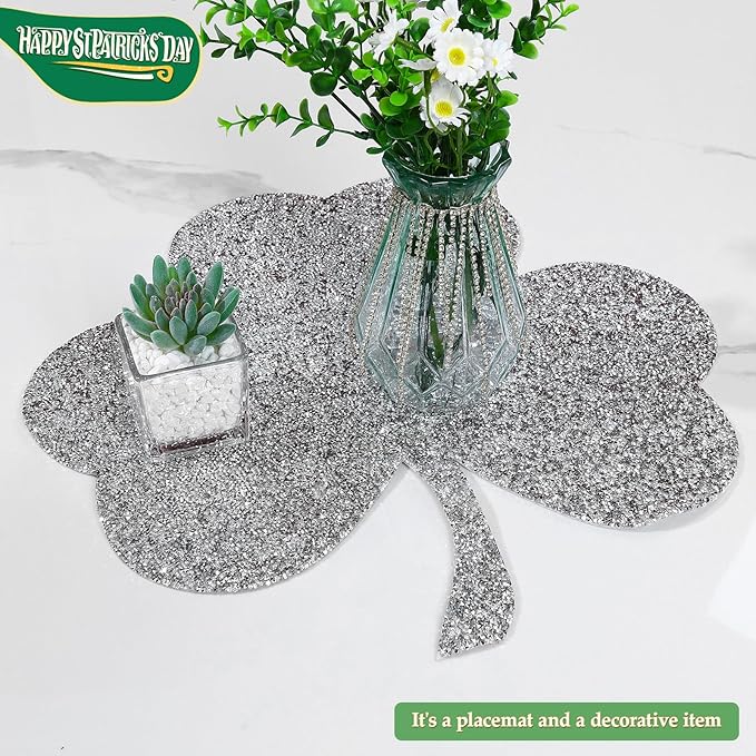 Silver Placemat, Sparkle Glitter Rhinestones Table Mat Crushed Diamond Shamrock Table Placemat 16inch for St. Patrick's Day Home Kitchen Dinning Decorations