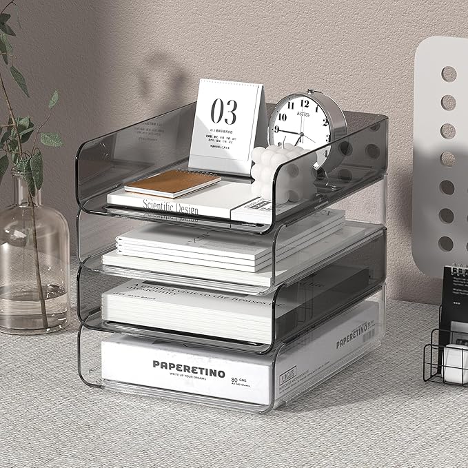 FANXIYQ 4-Tier Acrylic Paper Tray Organizer | Clear Stackable Desk Organizer for Documents, Letters, A4 Paper | Modern Office/Classroom/Home Organization,Clear&Brown